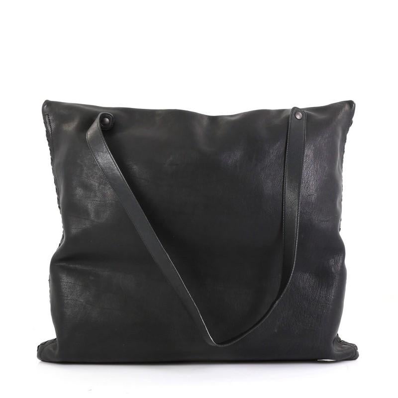 Black Bottega Veneta Zip Front Pocket Shopping Tote Leather with Intrecciato Detail La