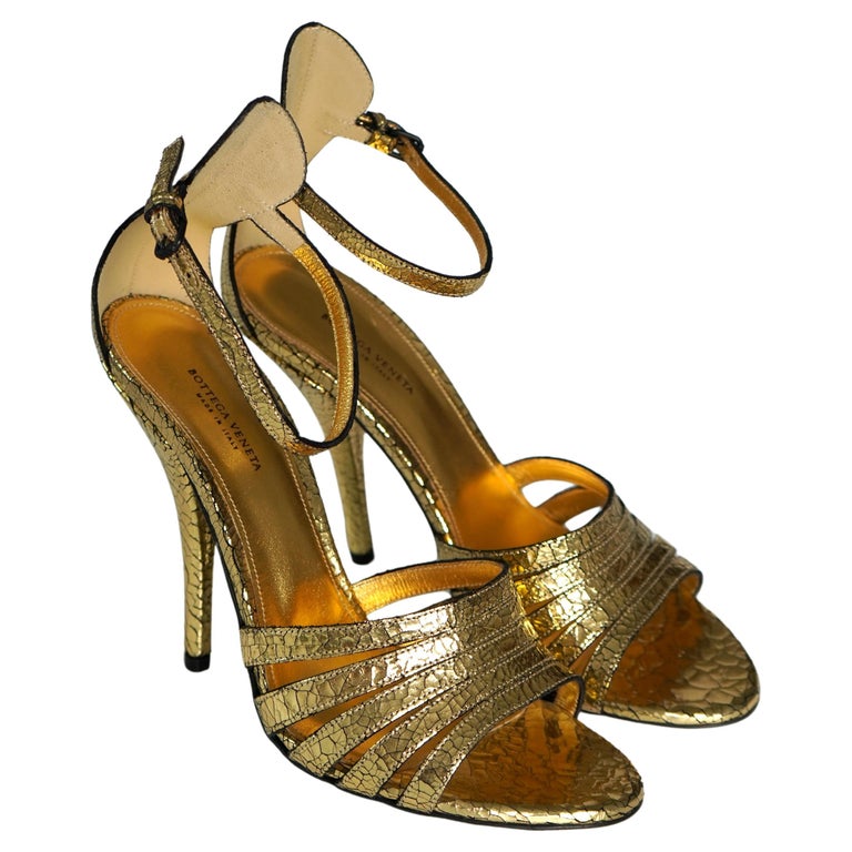 Bottega Venetta Metallic Gold Heeled Sandals Sz For Sale at