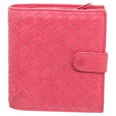 Bottega Venetta Pink Leather Compact Wallet with silver-tone hardware, tonal