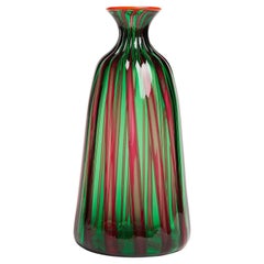 Bottiglia Vase 
Ridged
 by La Doublej, Murano Glass, Green/Fucsia Stripes, Italy