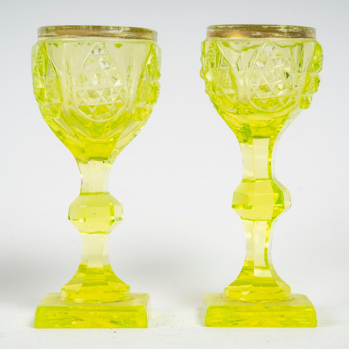 Bottle and 2 Glasses in Yellow cut Bohemian Crystal, Napoleon III Period.  1