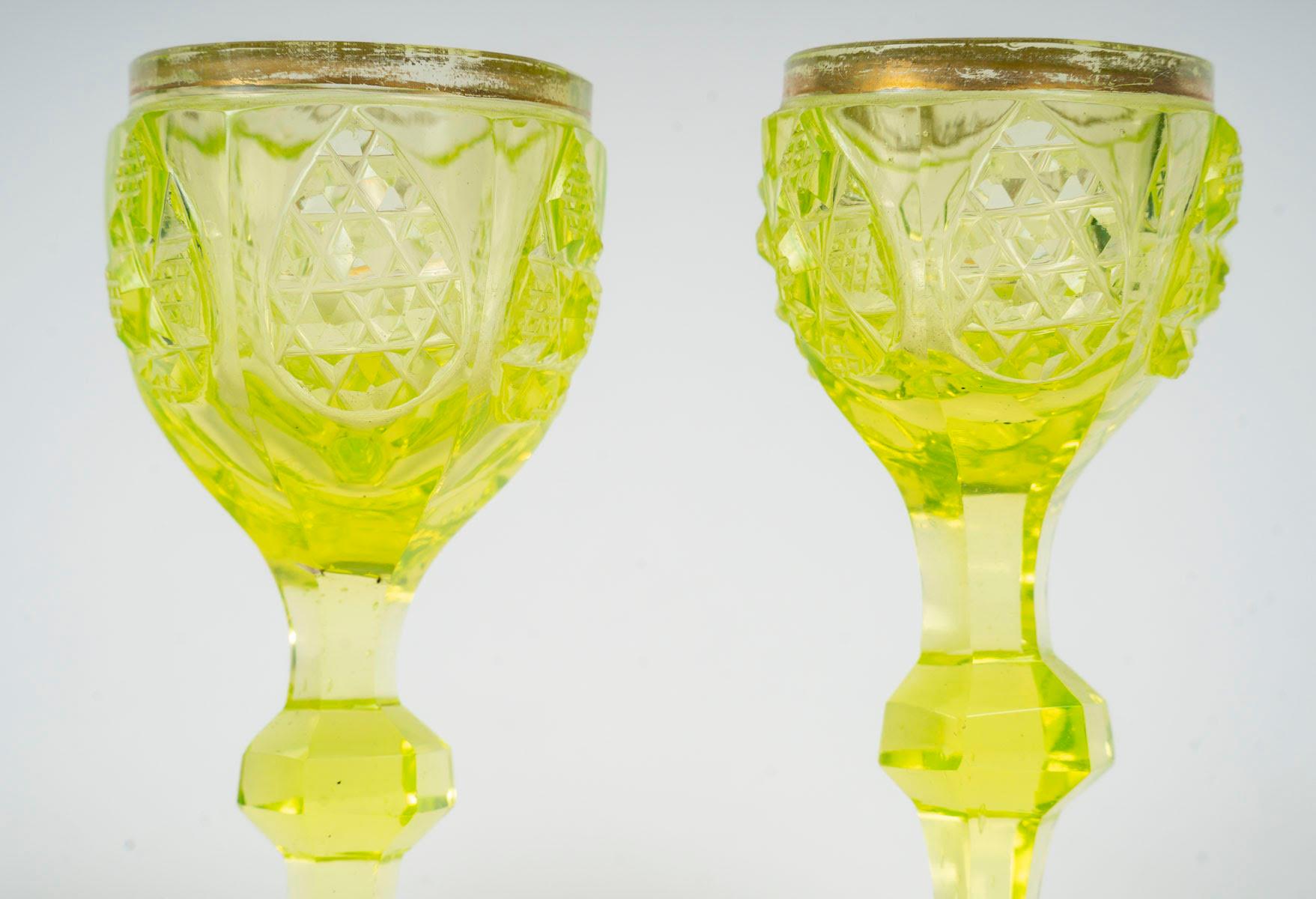Bottle and 2 Glasses in Yellow cut Bohemian Crystal, Napoleon III Period.  For Sale 2