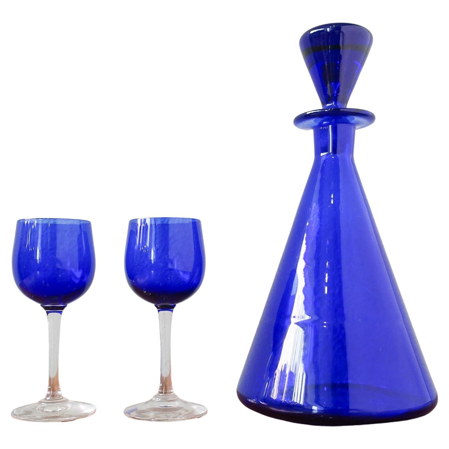 Bottle and Two Glasses in Cobalt Blue by Marinha Grande, 1950's For Sale