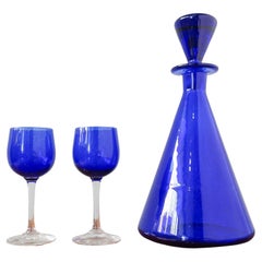 Vintage Bottle and Two Glasses in Cobalt Blue by Marinha Grande, 1950's