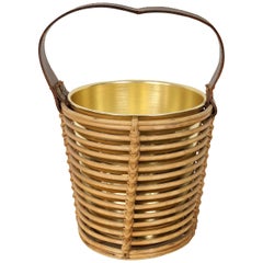 Vintage Bottle Ice Holder Basket in Golden Metal, Rattan Bamboo and Leather, Italy 1960s