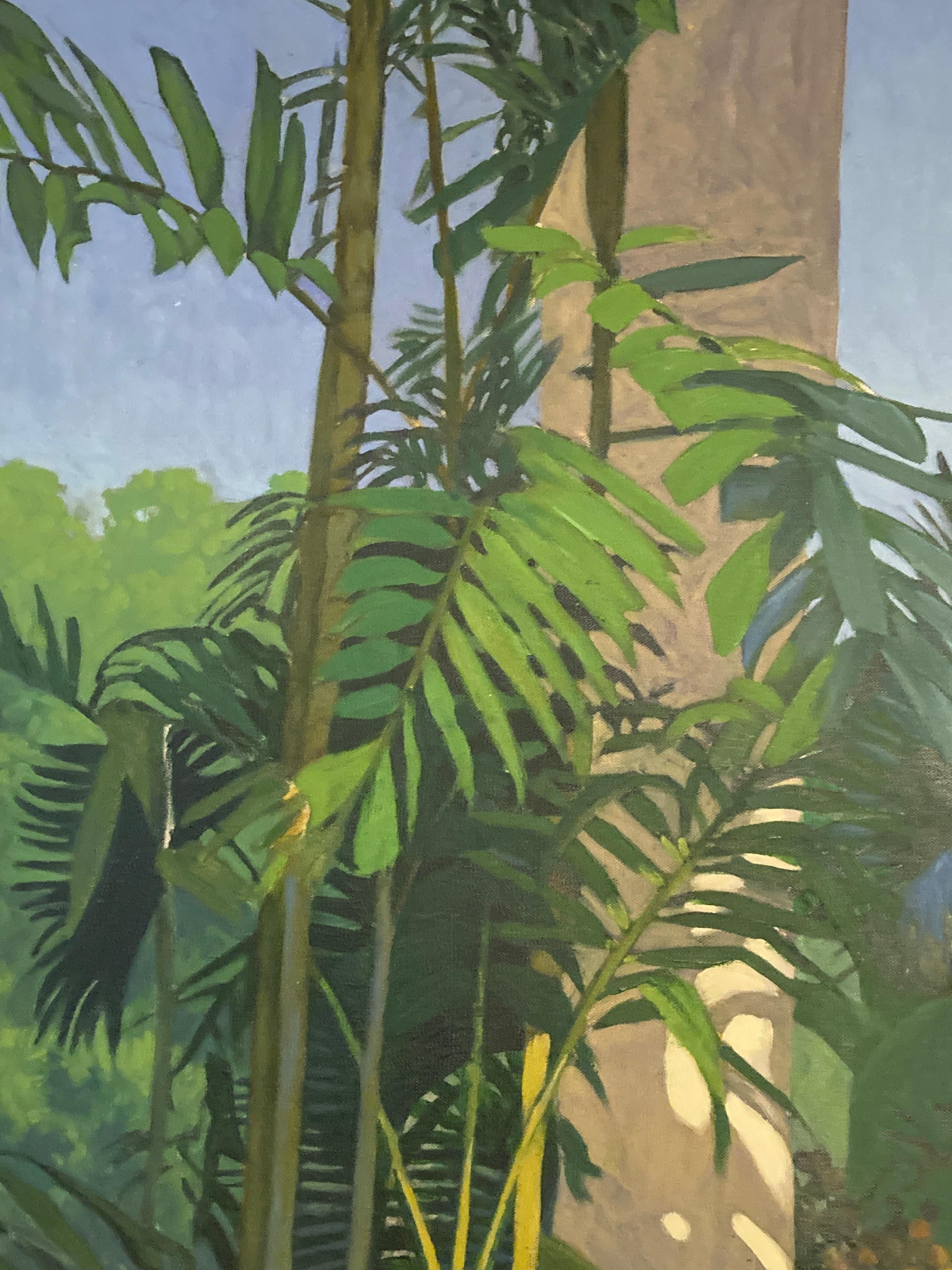 Bottle Palms, Oasis, Oil on Canvas, Richard 'Dick' Obenchain, 1979 In Good Condition In Philadelphia, PA