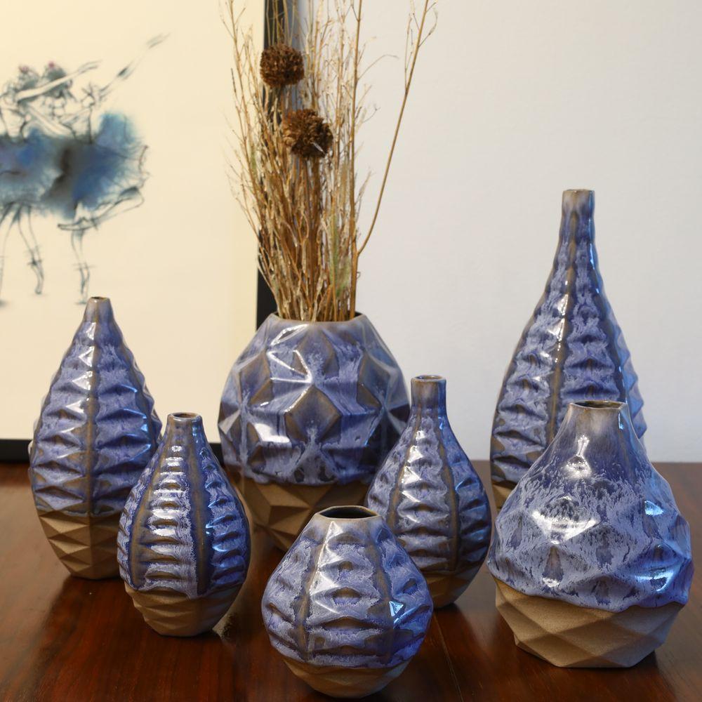 Ceramic Bottle Patterned Vessel in Coral Blue For Sale