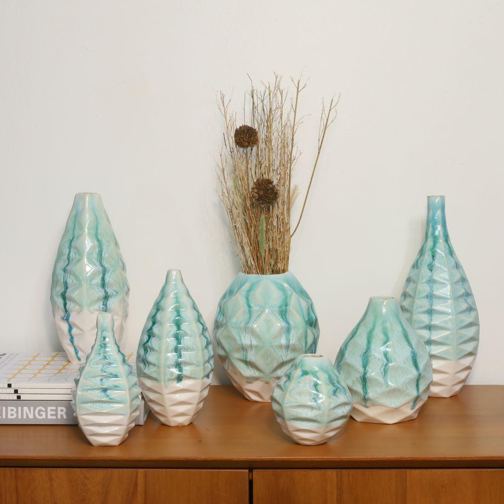 Ceramic Bottle Patterned Vessel in Jade For Sale