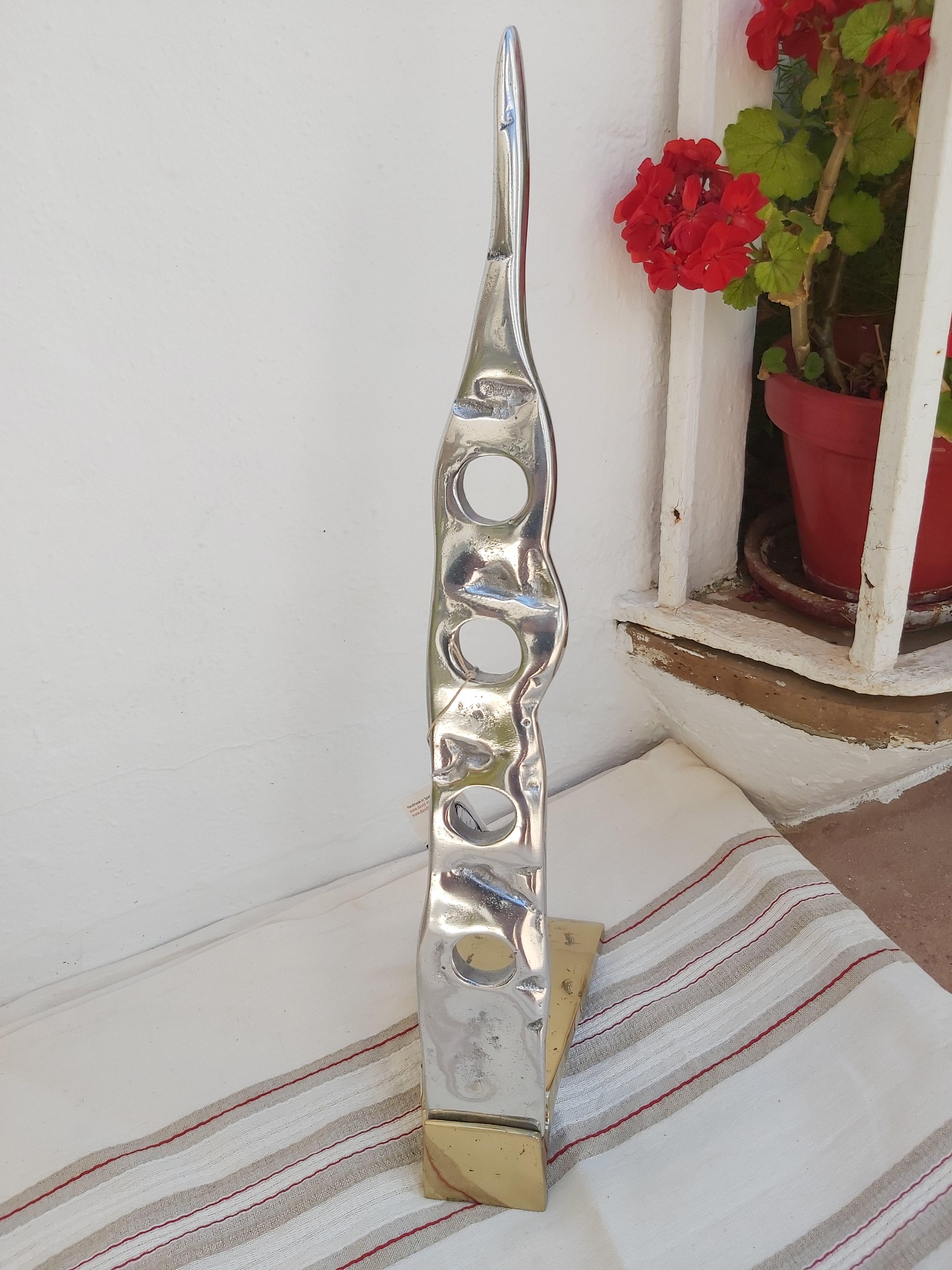 Bottle Rack for 4 Bottles Sand Cast Solid Brass and Aluminium Handmade in Spain For Sale 1