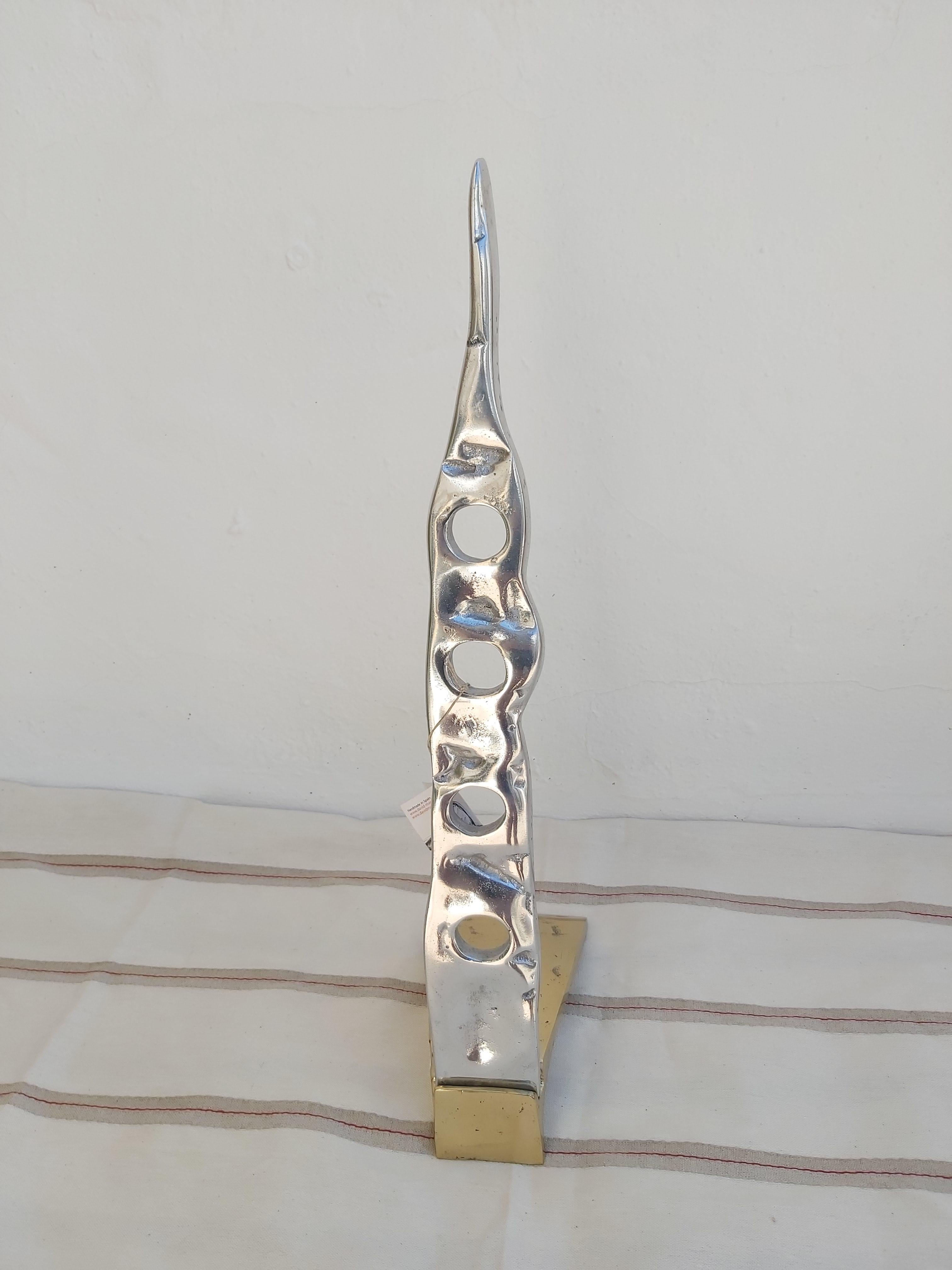 Aluminum Bottle Rack for 4 Bottles Sand Cast Solid Brass and Aluminium Handmade in Spain For Sale