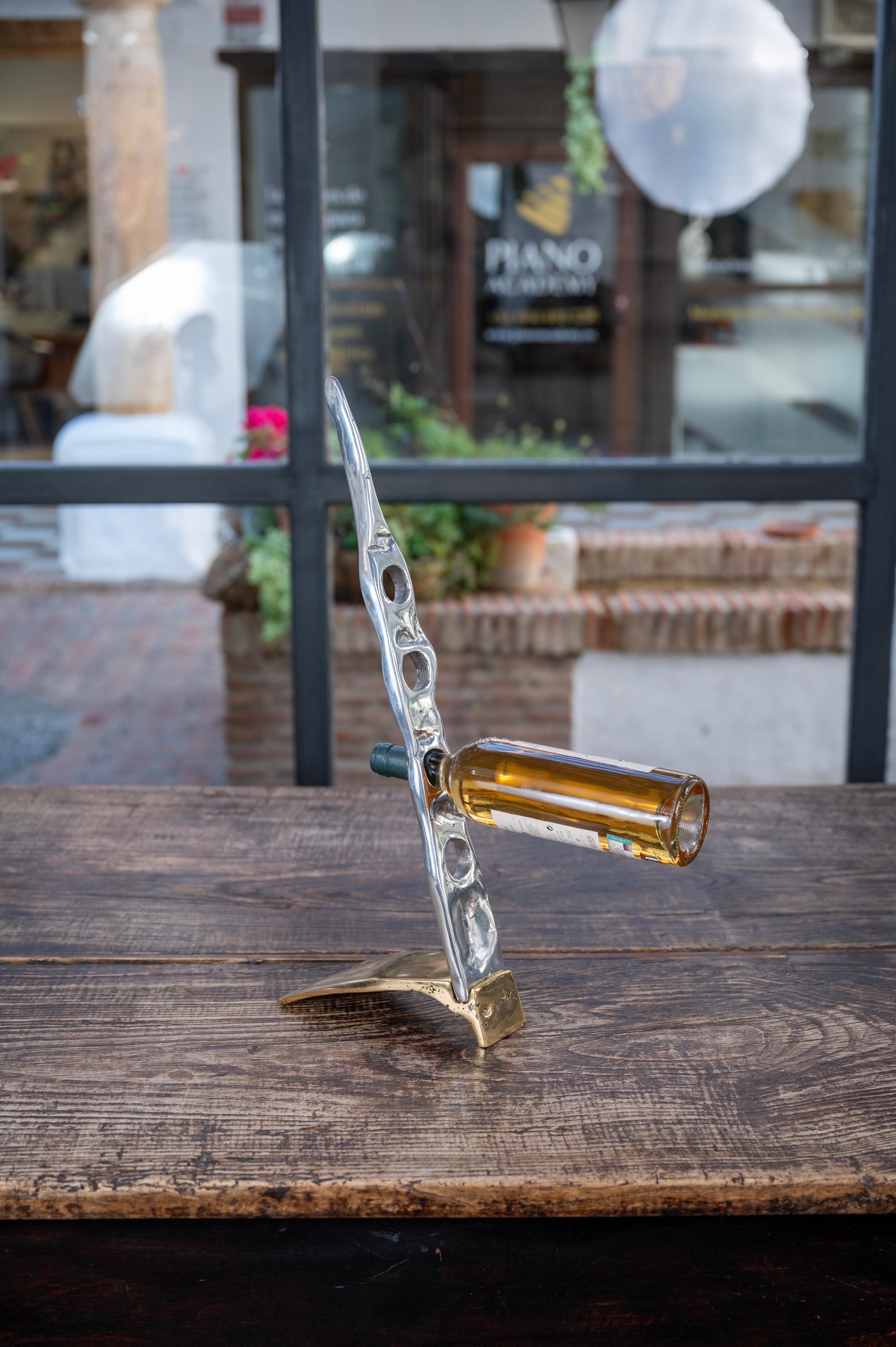 Brutalist Bottle Rack for 4 Bottles Sand Cast Solid Brass and Aluminium Handmade in Spain For Sale