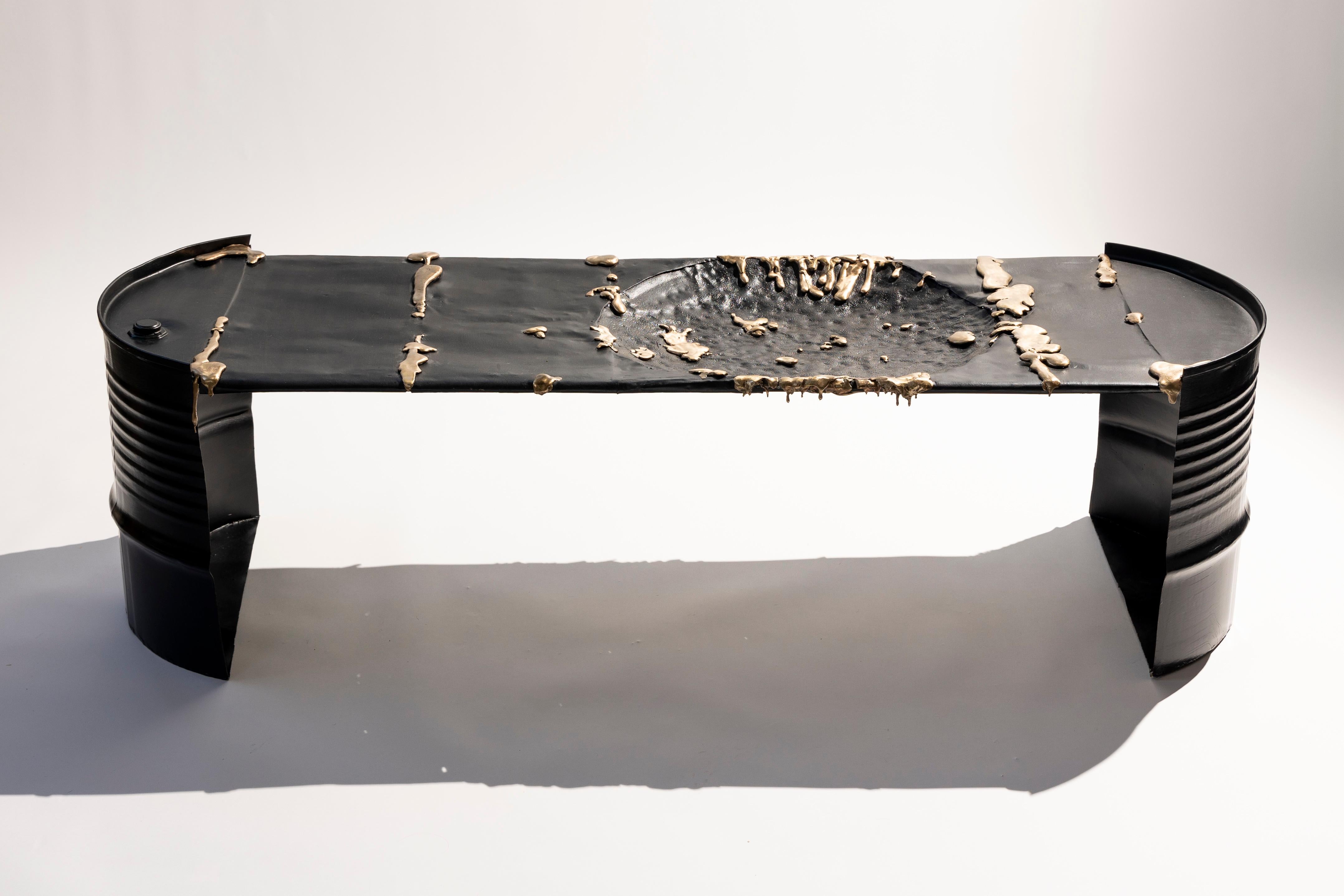 Bottom of the Barrel, Table in Salvaged Steel and Bronze For Sale 1