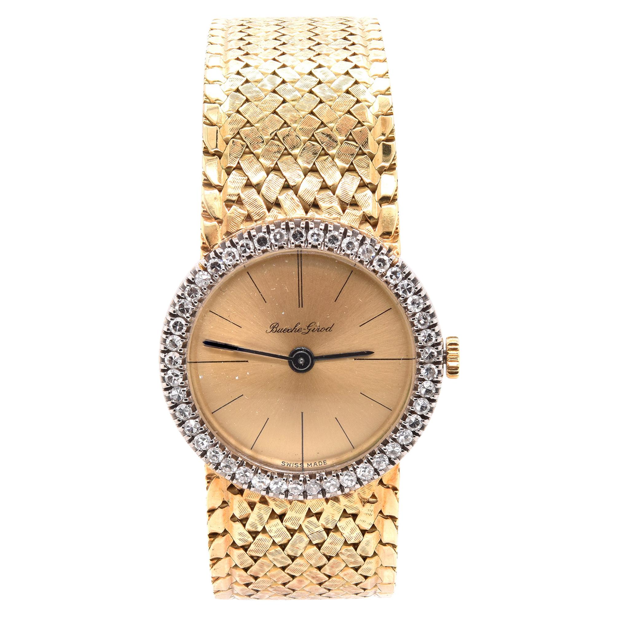 Bouche Girod Montre vintage en or jaune 18 carats avec diamants pour femmes