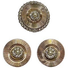 Boucher 1950s Gold, Pearl, Rhinestone Brooch and Earrings 