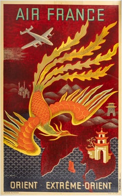 Boucher, Original Aviation Poster, Air France, Orient Far East, Mount Fuji, 1946