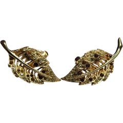Boucher Rhinestone Leaf Motif Gold Tone Clip-On Earrings, 1950s