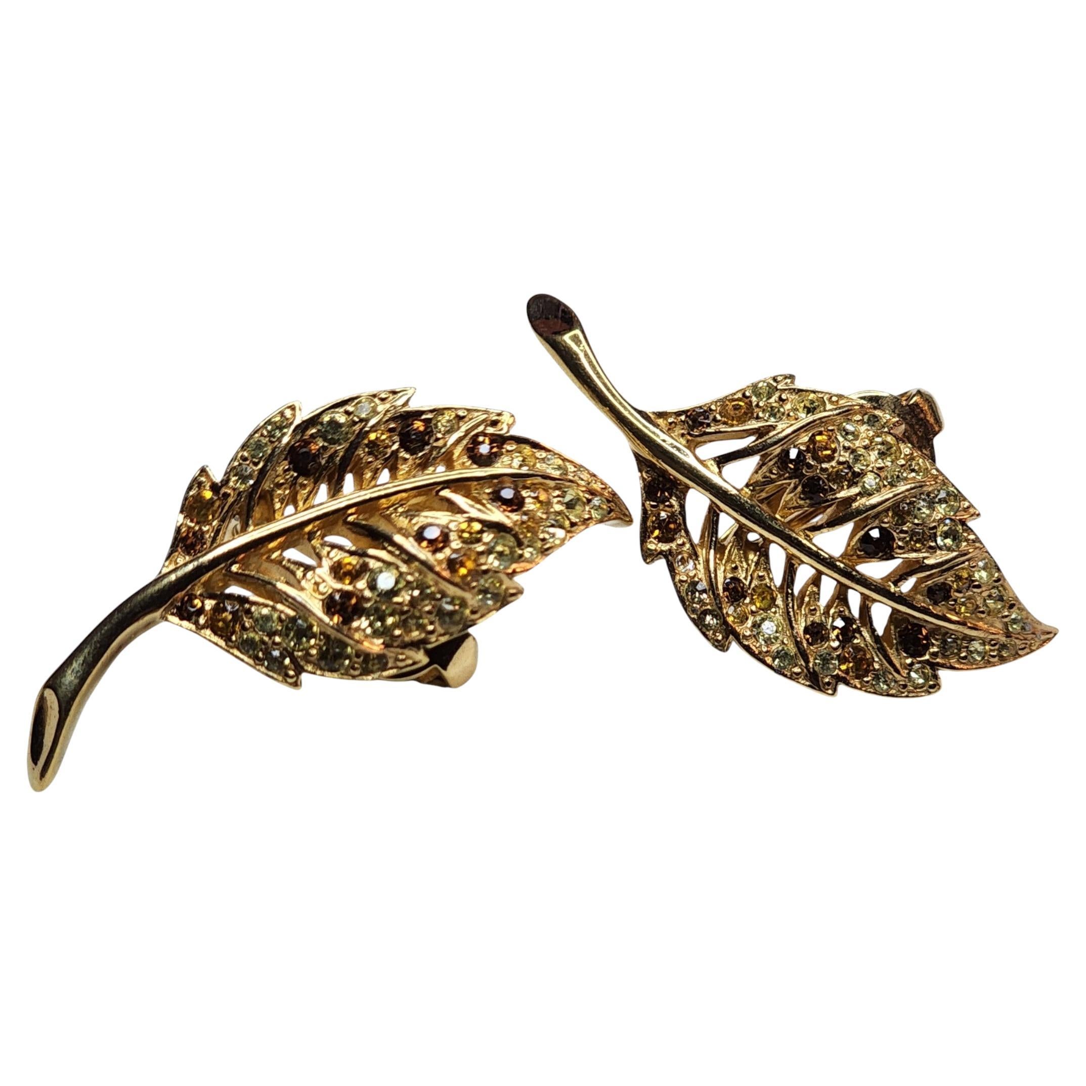 Boucher Rhinestone Leaf Motif Gold Tone Clip-On Earrings, 1950s