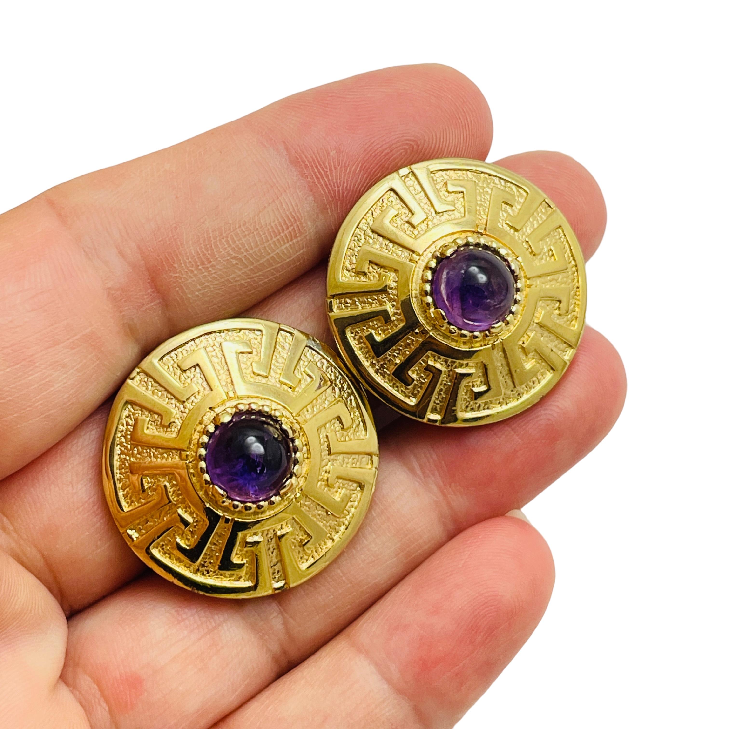 Women's BOUCHER signed gold amethyst glass clip on earrings For Sale