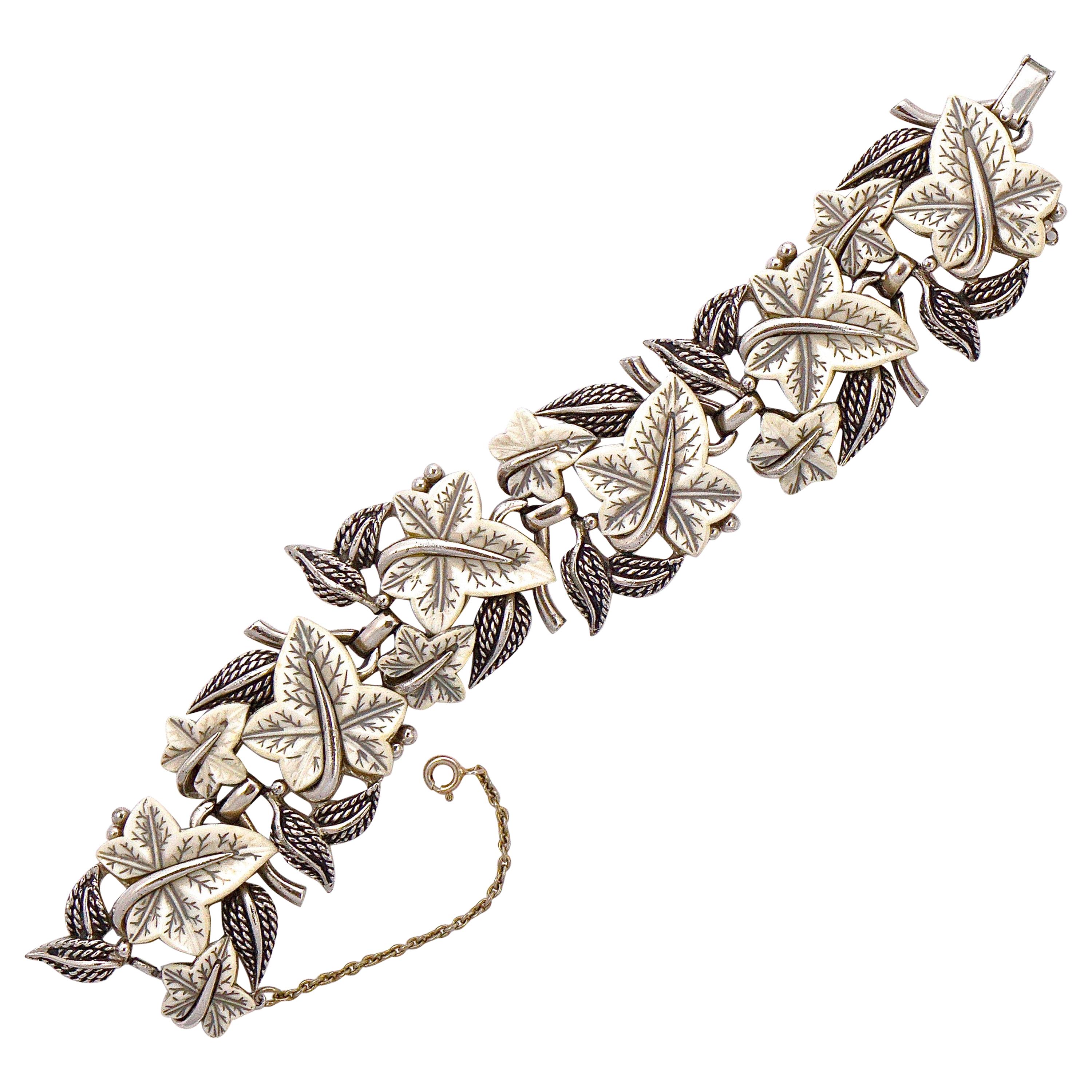 Boucher Silver Plated and White Glass Ivy Leaves Link Bracelet circa 1950s