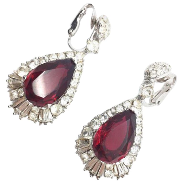 Boucher Vintage Earrings Faux Ruby Diamond 1950s For Sale