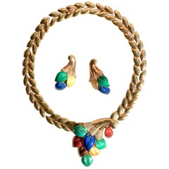 Vintage Boucheron 18 Carat Yellow Gold Enamel Necklace and Earrings Set with Diamonds