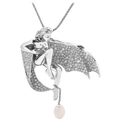 Boucheron 18 Karat Gold 5.00 Carat Diamond & Pearl Winged Woman Pendant Necklace