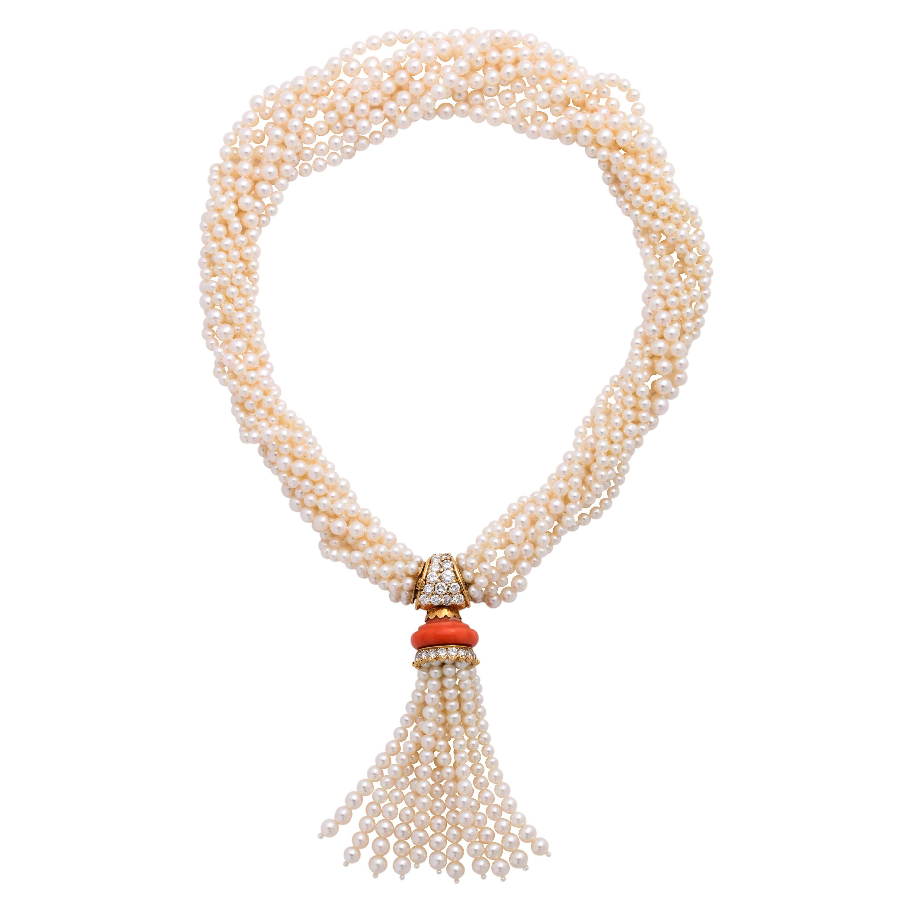 Boucheron 18 Karat Gold Cultured Pearl Coral and Diamond Necklace