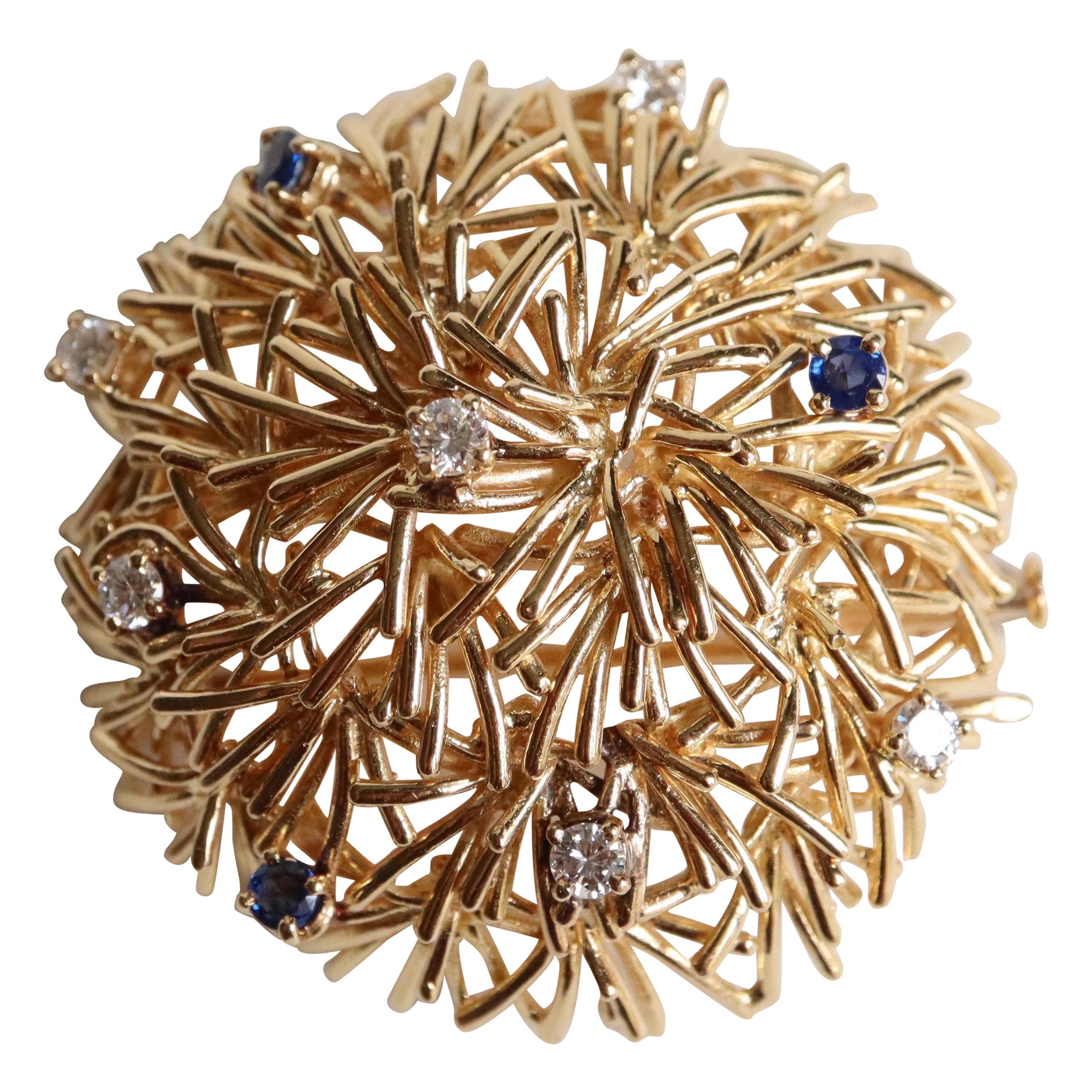 Boucheron 18 Karat Gold Stylized Thorn Ball Brooch with Sapphires and Diamonds For Sale