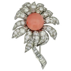 Boucheron 18 Karat White Gold Coral and Diamond Flower Brooch