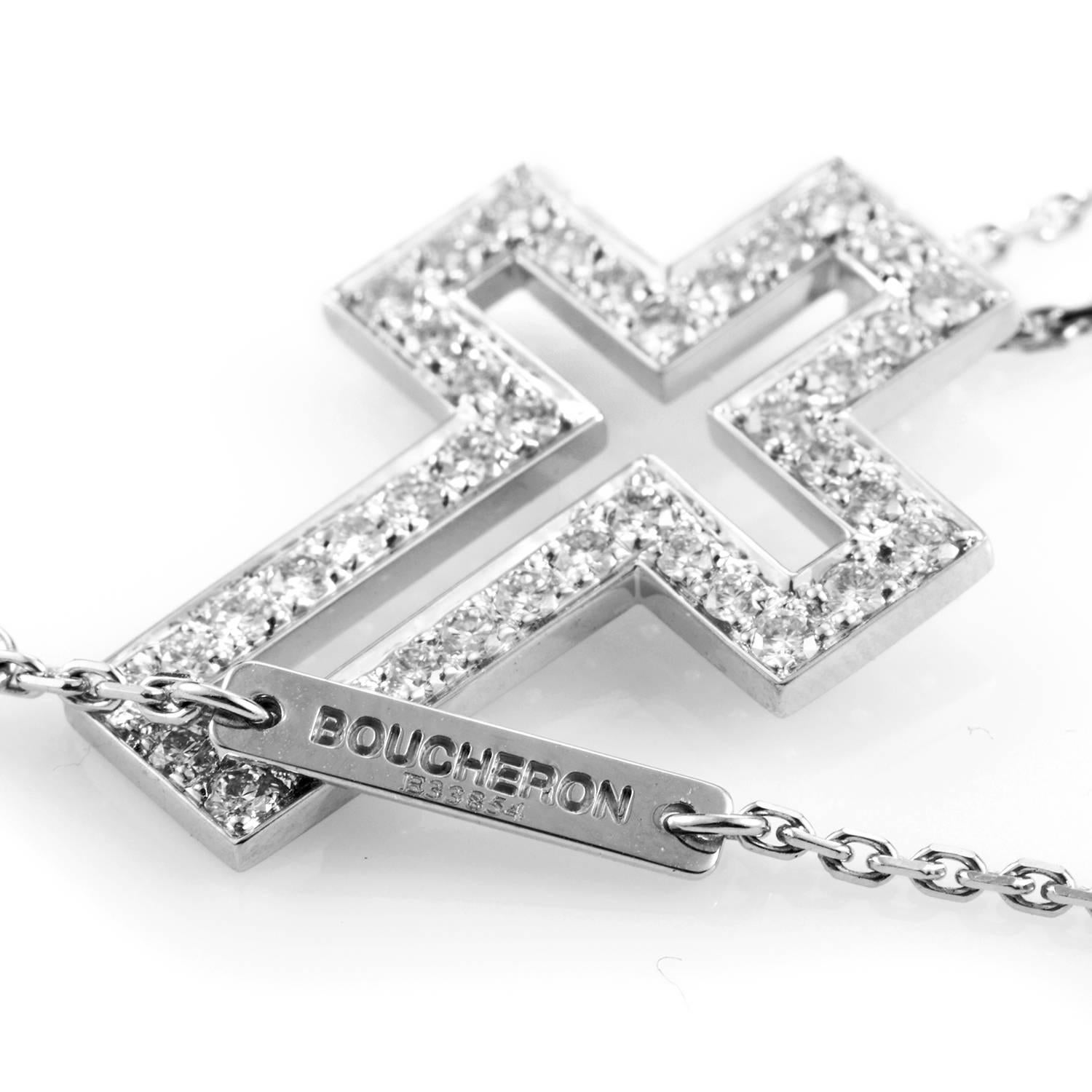Boucheron 18 Karat White Gold Diamond Cross Pendant Necklace In Excellent Condition In Southampton, PA