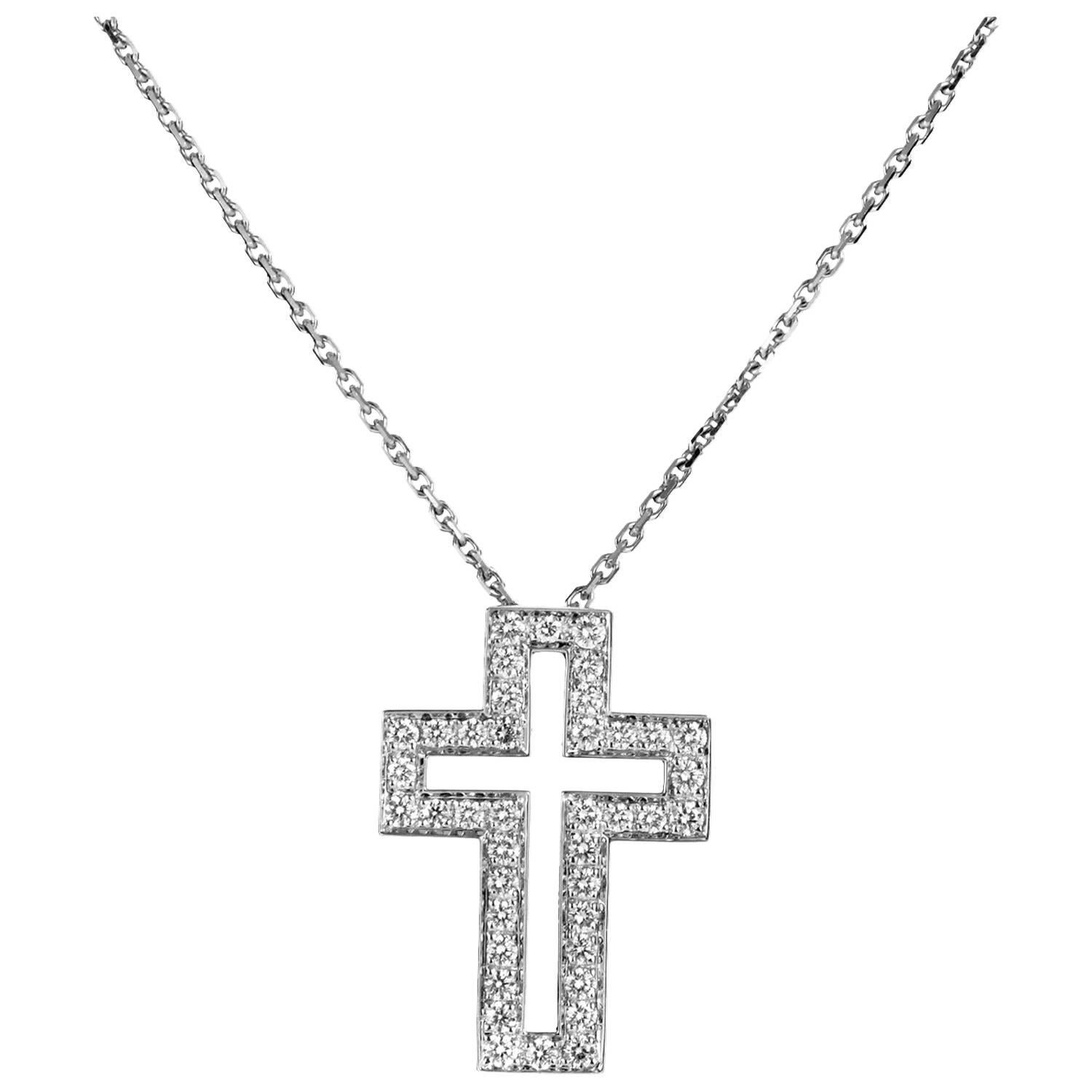 Boucheron 18 Karat White Gold Diamond Cross Pendant Necklace