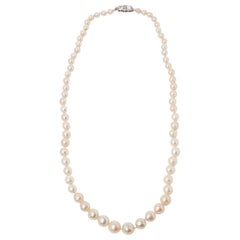 Boucheron 18 Karat White Gold Vintage Pearl and Old Cut Diamond Long Necklace
