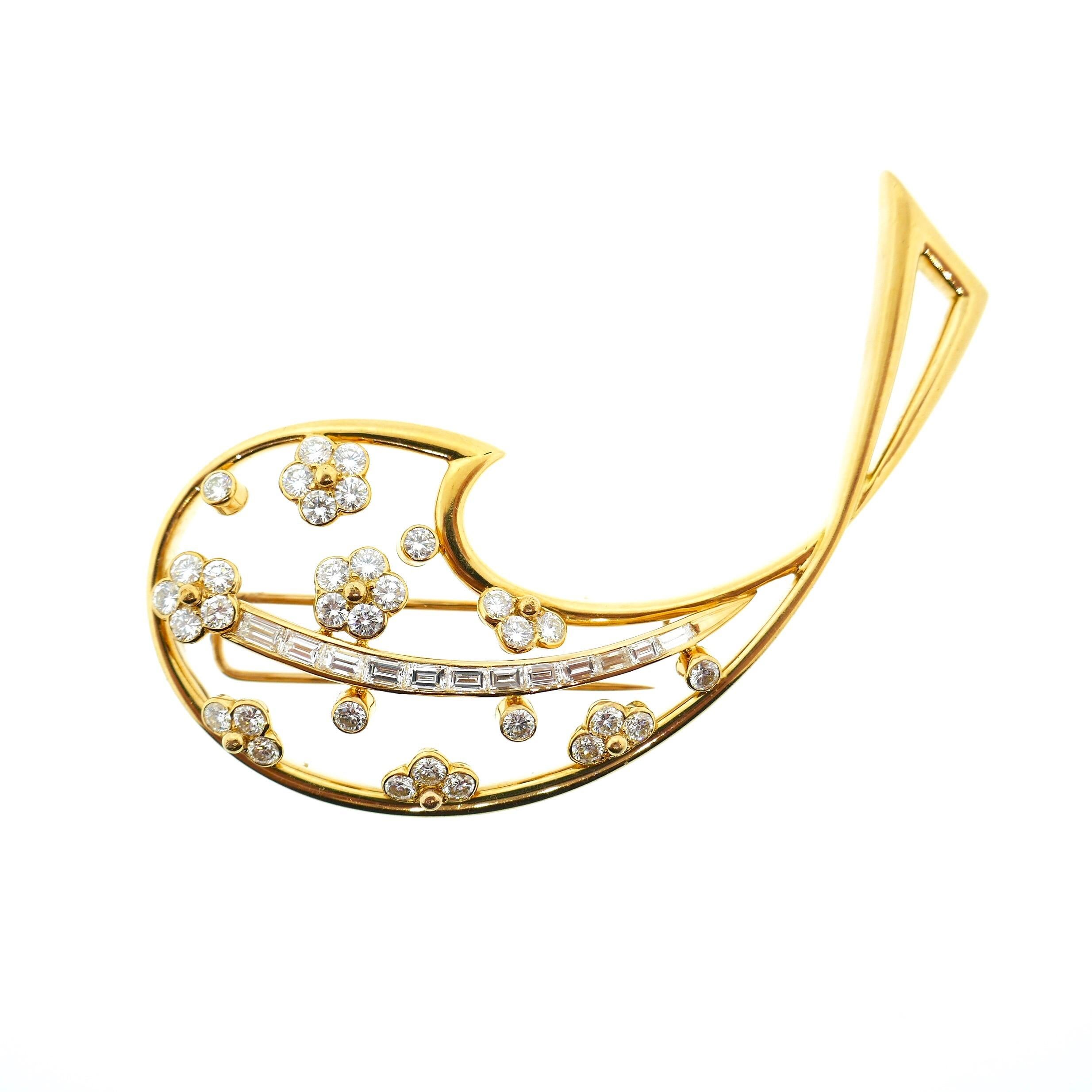 Boucheron 18 Karat Yellow Gold and Diamond Leaf Motif Brooch

This is an absolutely beautiful Boucheron brooch. It is done in a leaf motif that is set with flowers. As you can see, the leaf has stunning invisible set baguette cut diamonds running