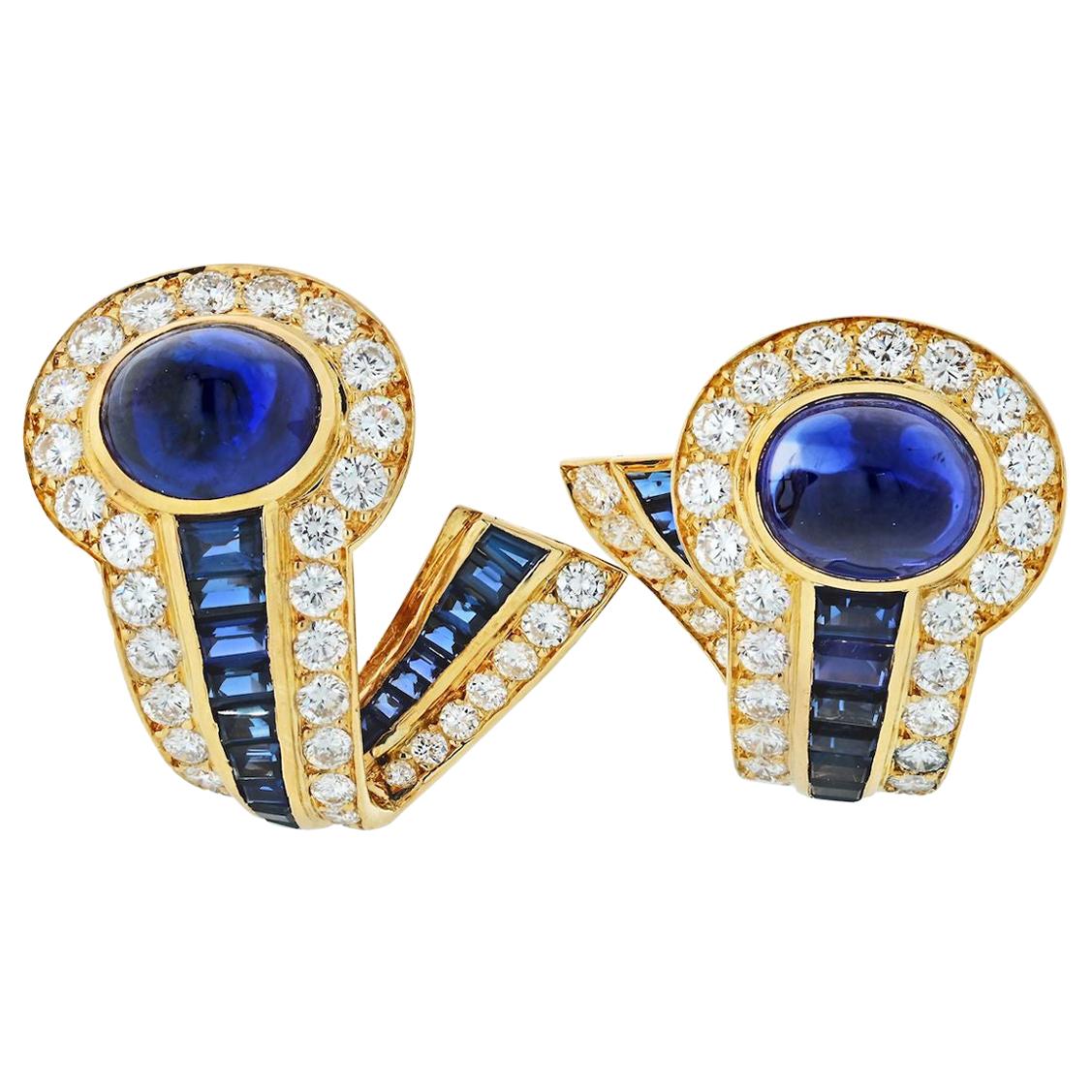 Boucheron 18 Karat Yellow Gold Cabochon Sapphires and Diamond Earrings