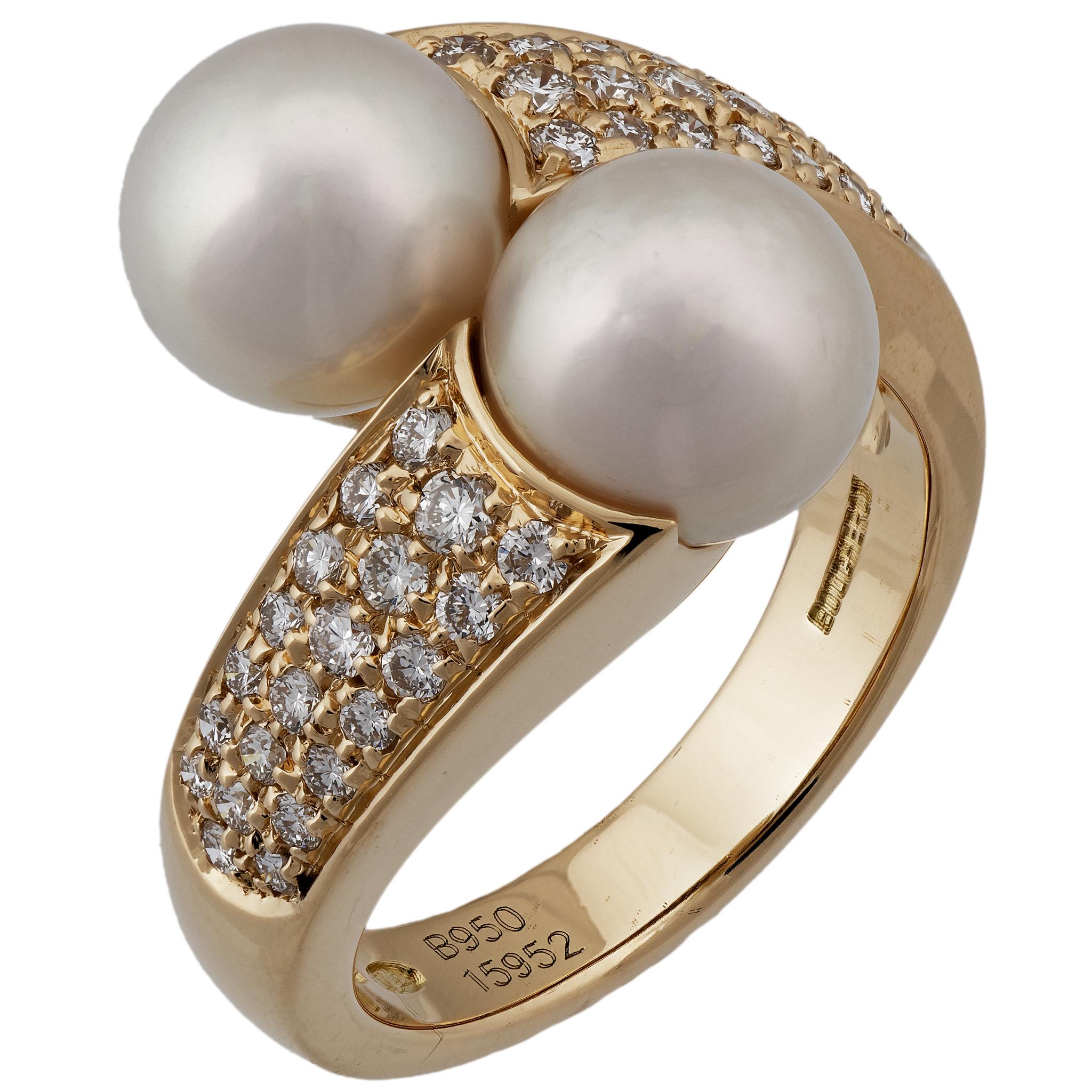 Women's Boucheron 18 Karat Yellow Gold Diamond and Pearl Crossover Ring