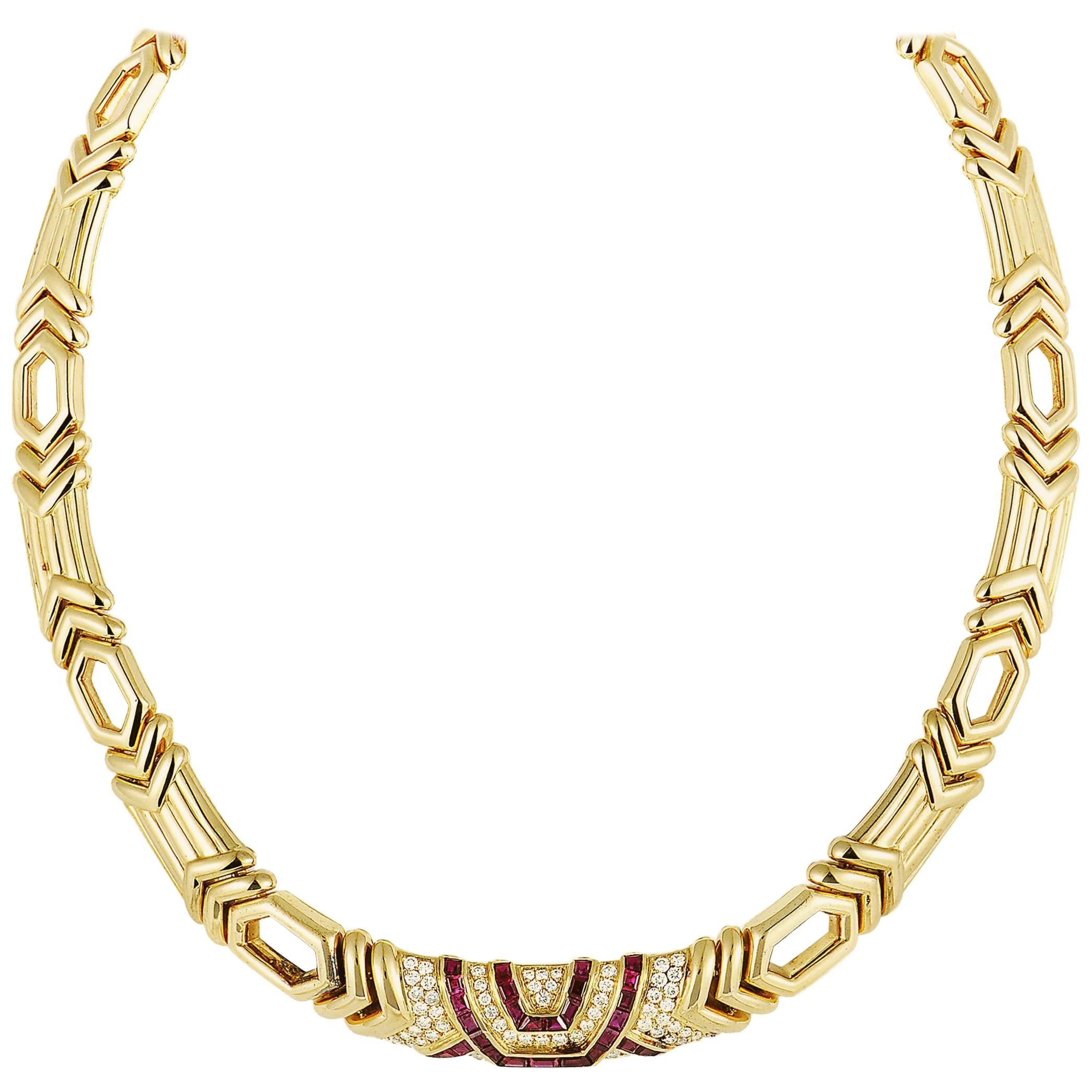 Boucheron 18 Karat Yellow Gold Diamond Pave and Ruby Collar Necklace