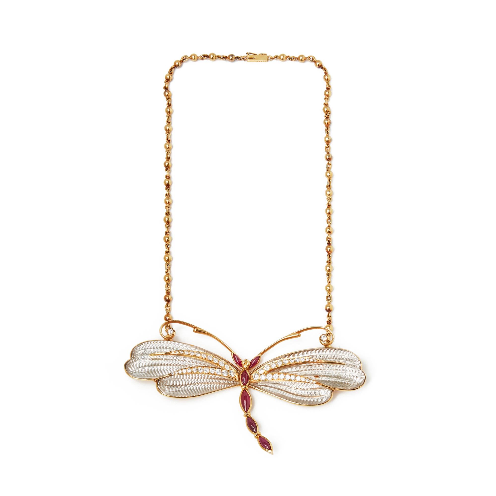 Women's Boucheron 18 Karat Yellow Gold Diamond & Ruby Dragonfly Pendant Necklace