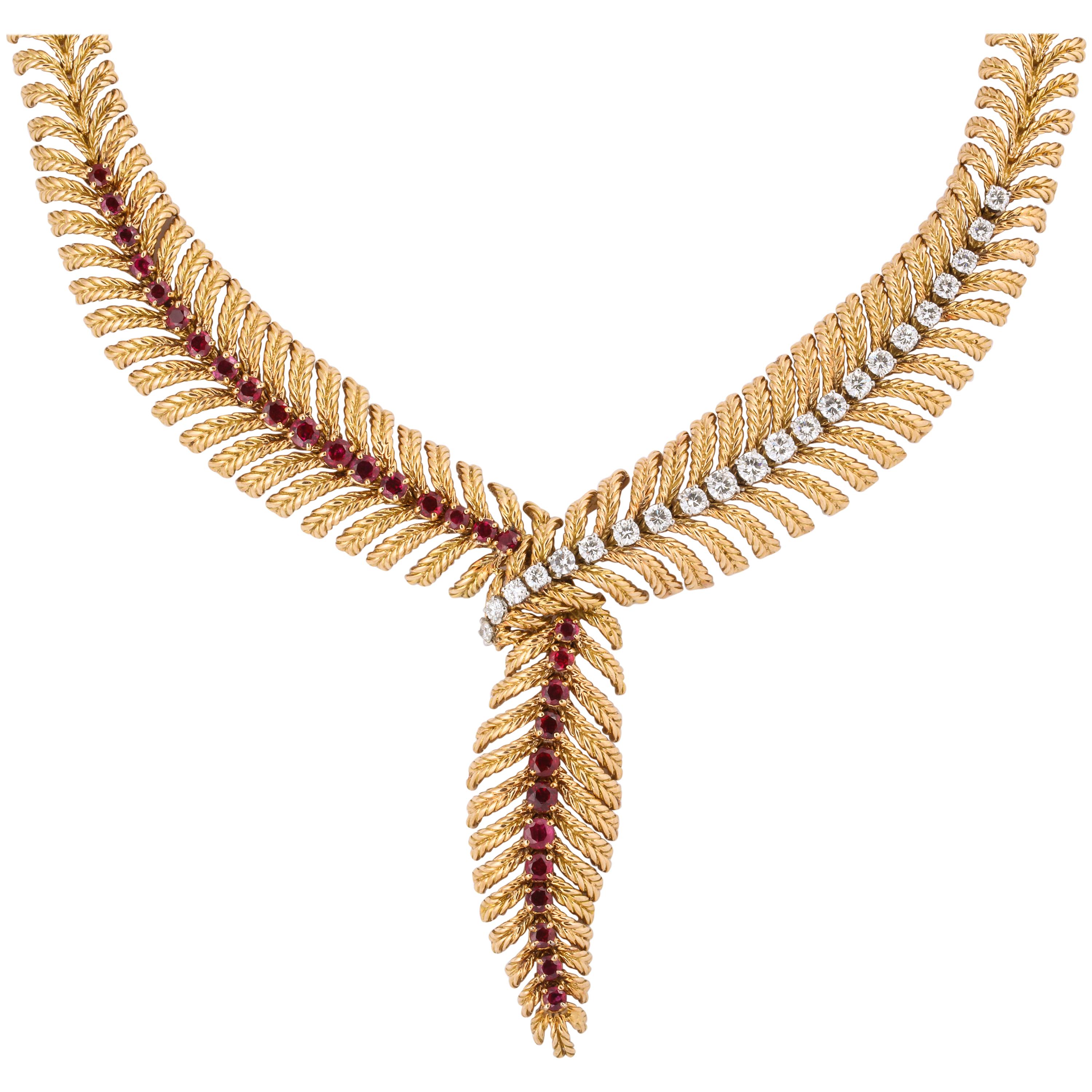 Boucheron 18 Karat Yellow Gold Ruby and Diamond Necklace For Sale