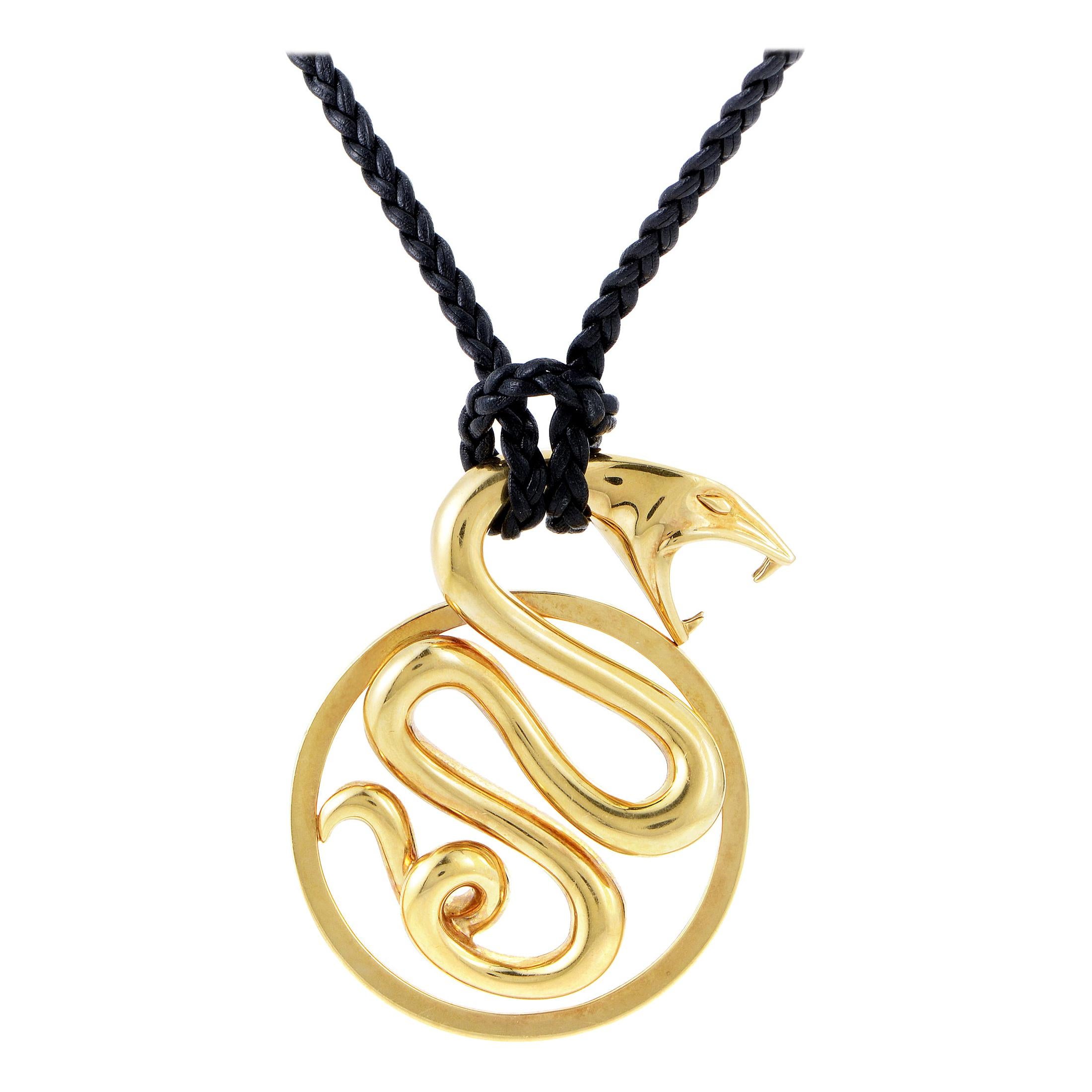 Boucheron 18 Karat Yellow Gold Snake Pendant and Long Braided Cord Necklace