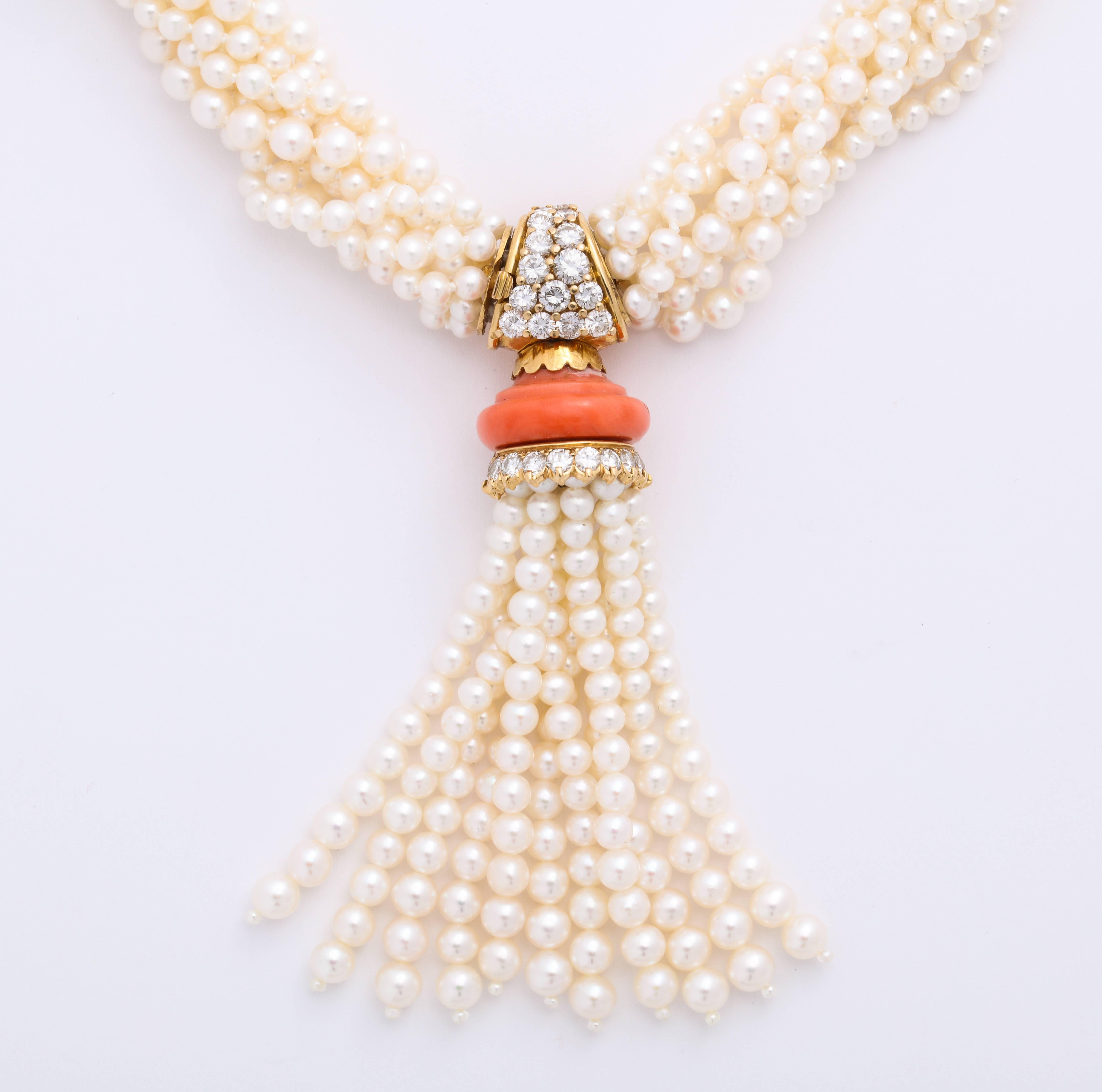 Contemporary Boucheron 18 Karat Gold Cultured Pearl Coral and Diamond Necklace