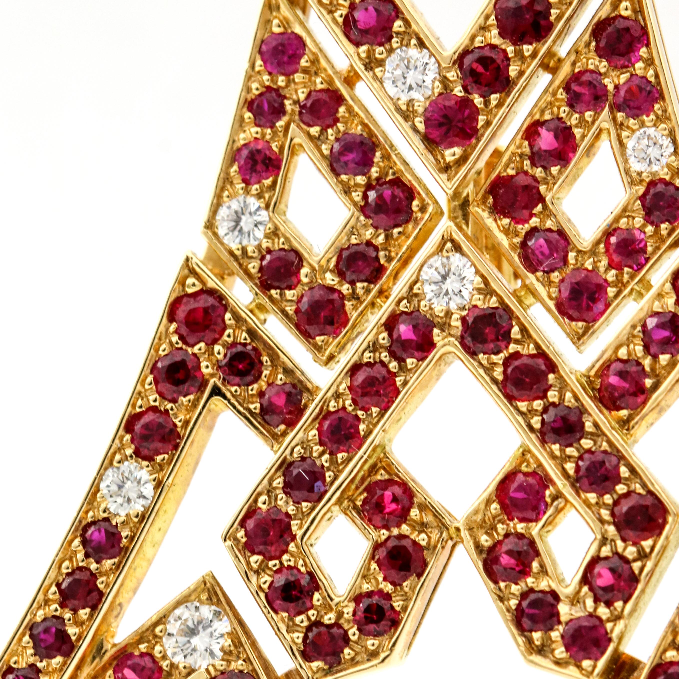 Round Cut Boucheron 18 Karat Gold Eiffel Tower Ruby Diamond Brooch For Sale
