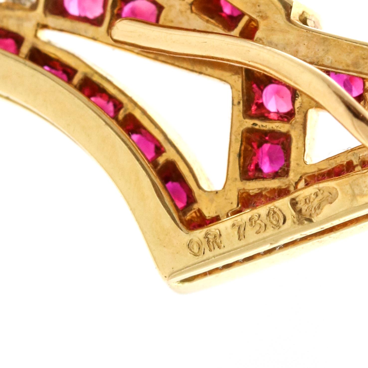 Women's Boucheron 18 Karat Gold Eiffel Tower Ruby Diamond Brooch For Sale