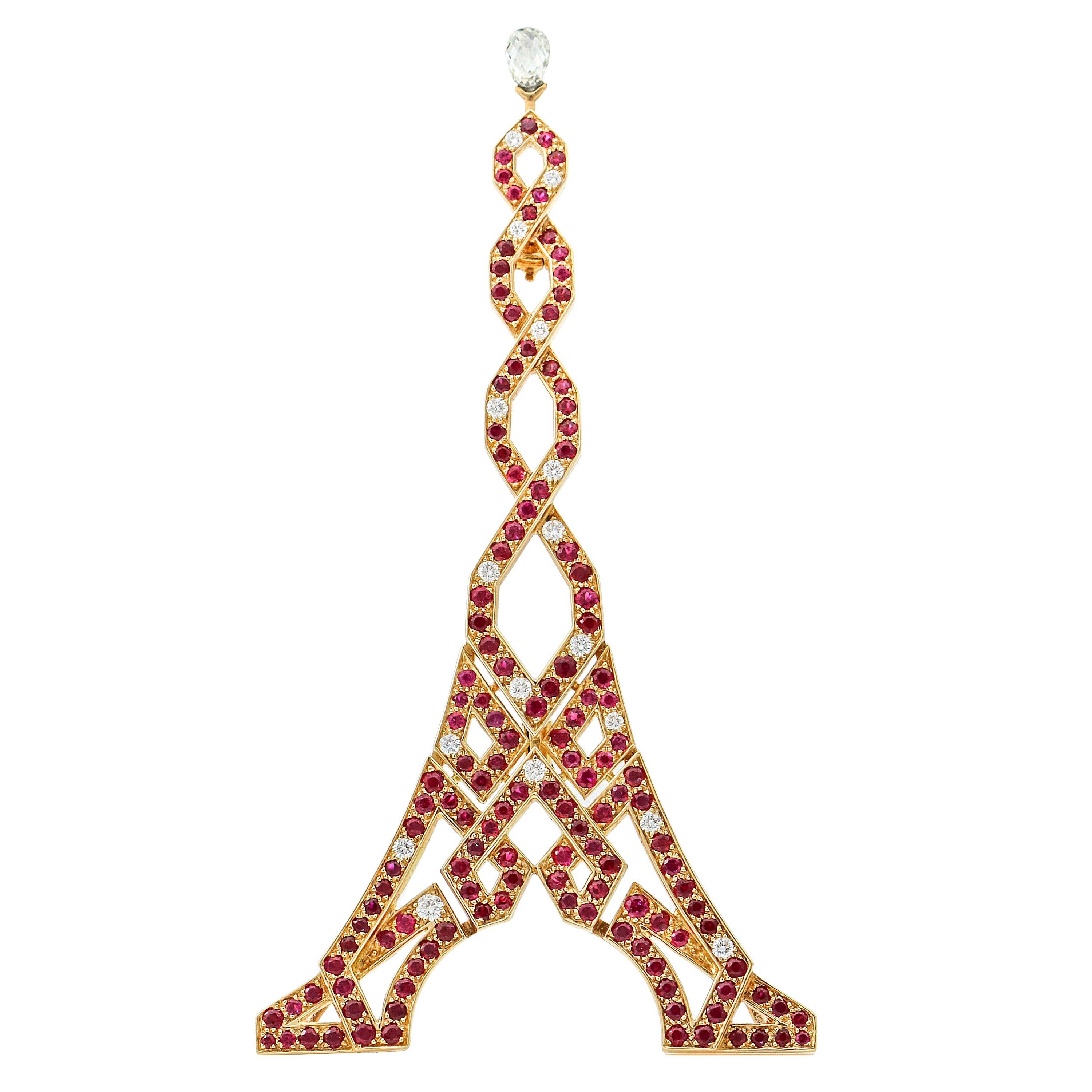 Boucheron 18 Karat Gold Eiffel Tower Ruby Diamond Brooch For Sale