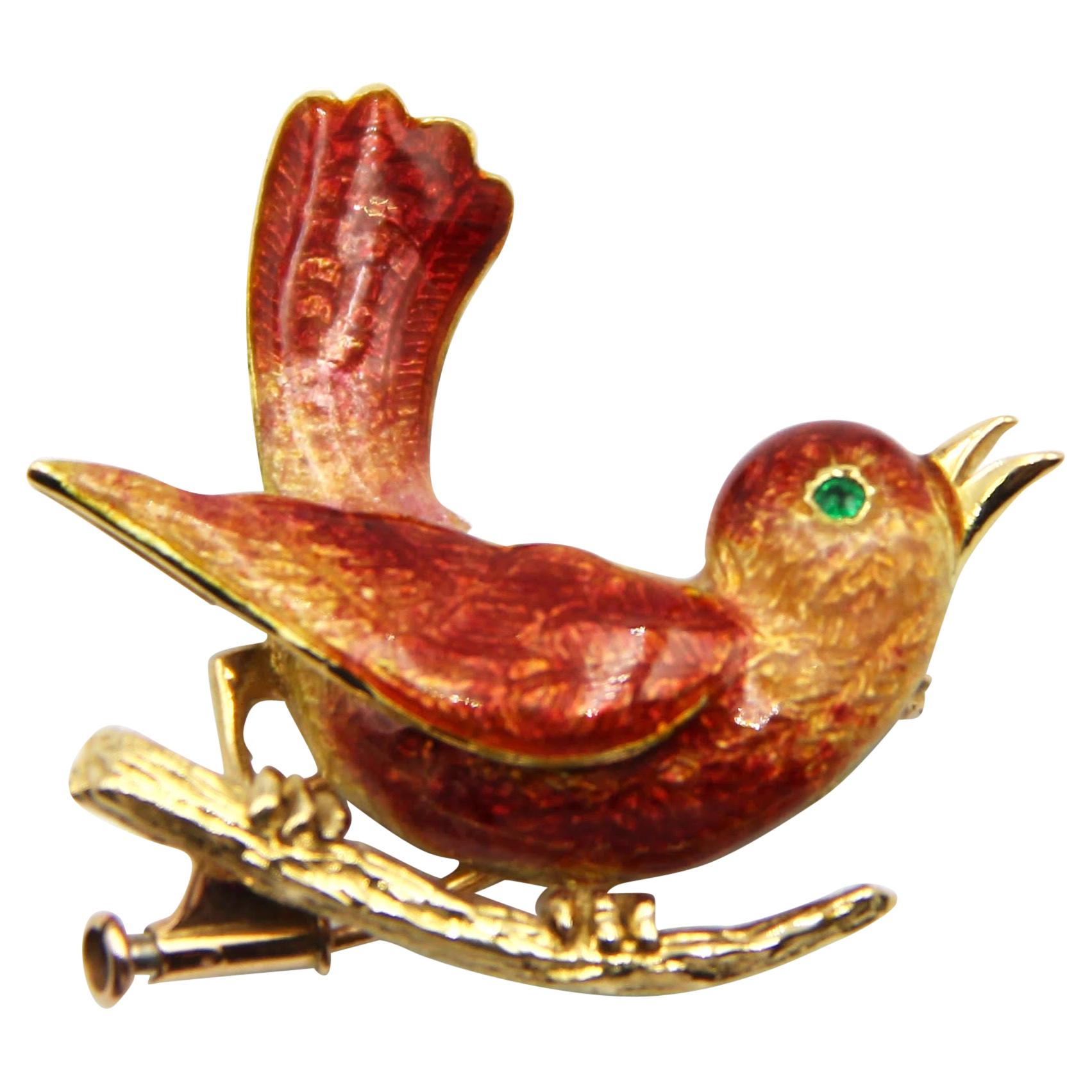 Boucheron 18k Gold Enamel Emerald Bird Brooch For Sale