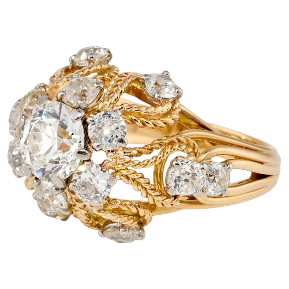 Anello da cocktail vintage BOUCHERON in oro 18 carati e platino con diamanti da 3,35 carati, anni '60