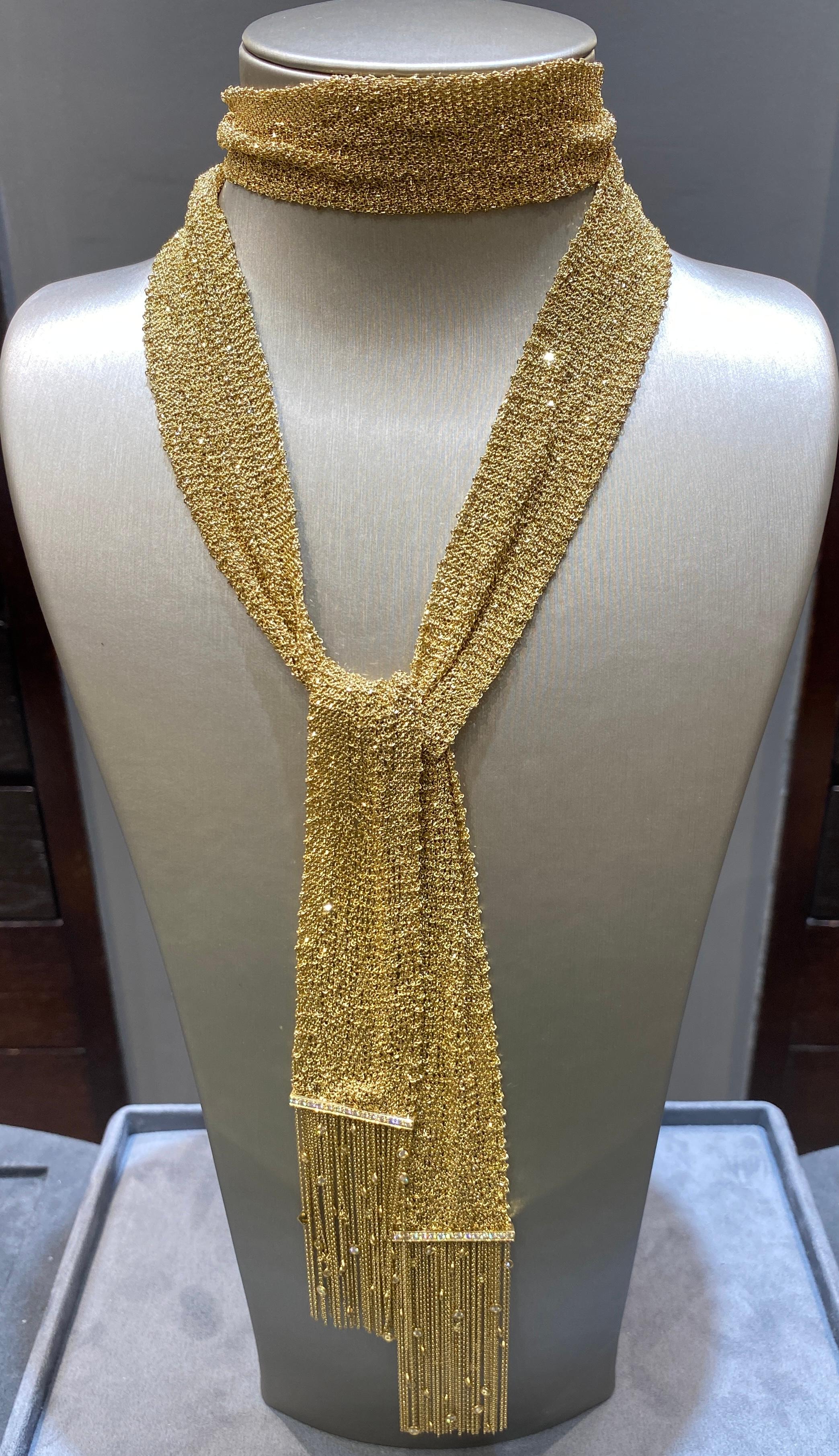 Women's or Men's Boucheron 18k gold scarf necklace adorned with diamonds