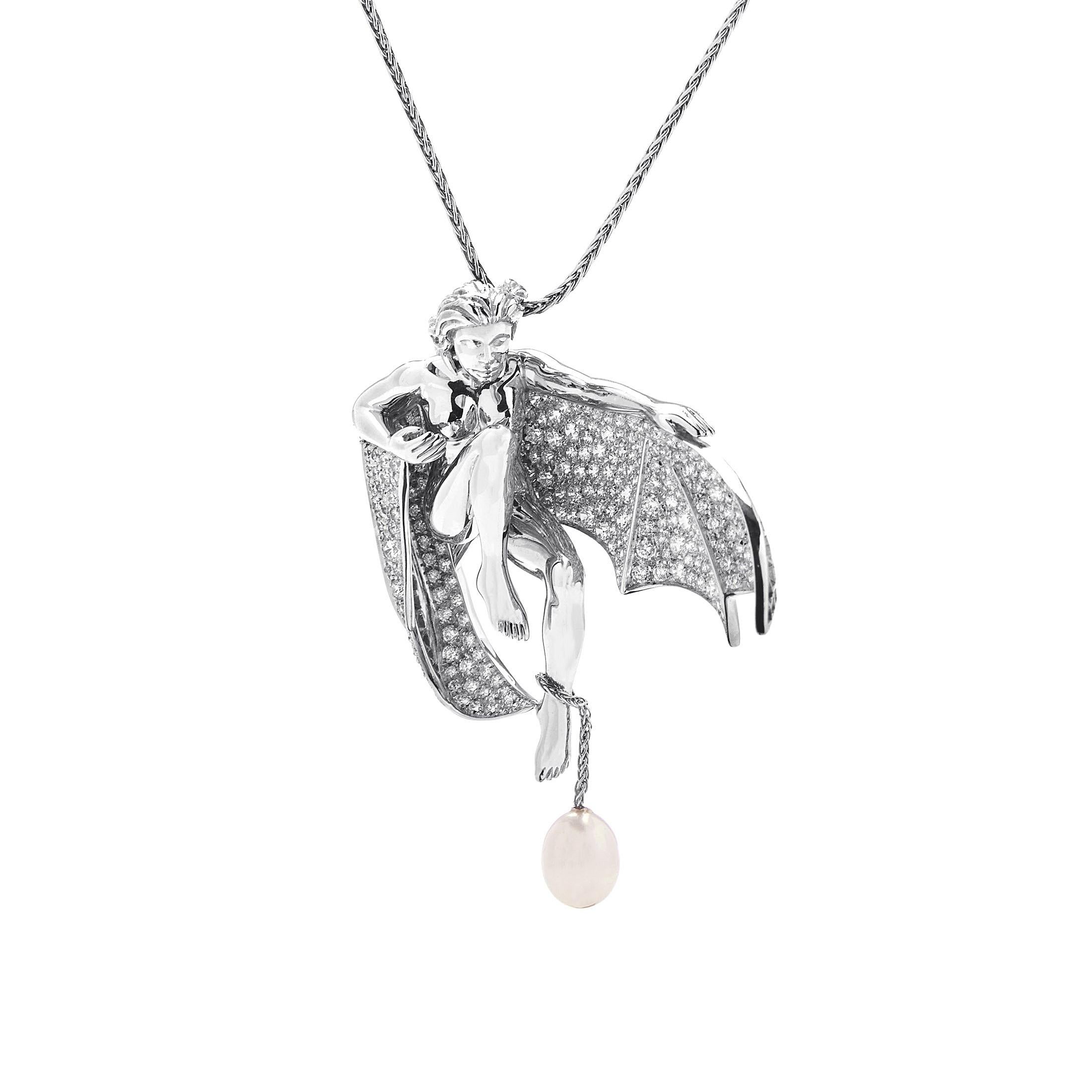 This alluring 18K white gold necklace made by Boucheron is set with multiple diamond stones that weigh approximately 5.00 carats. The unique necklace features a winged woman pendant with a stunning pearl hanging from her leg. The necklace weighs