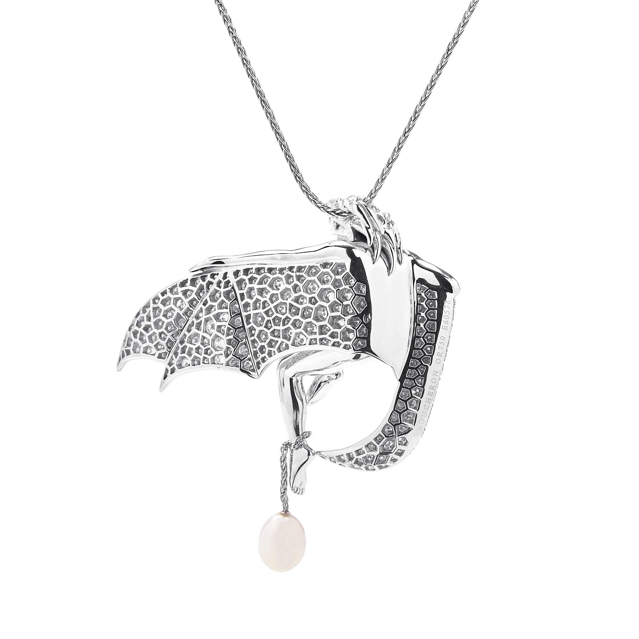Round Cut Boucheron 18 Karat Gold 5.00 Carat Diamond & Pearl Winged Woman Pendant Necklace