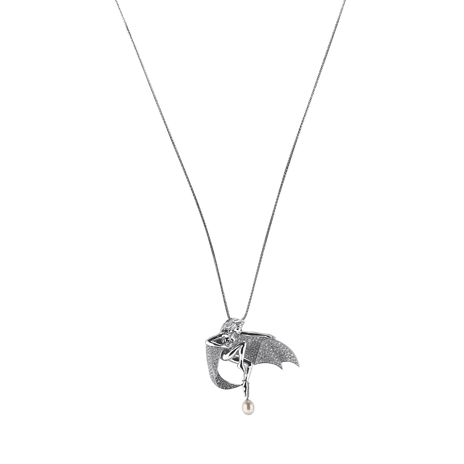 Boucheron 18 Karat Gold 5.00 Carat Diamond & Pearl Winged Woman Pendant Necklace In Excellent Condition In Southampton, PA