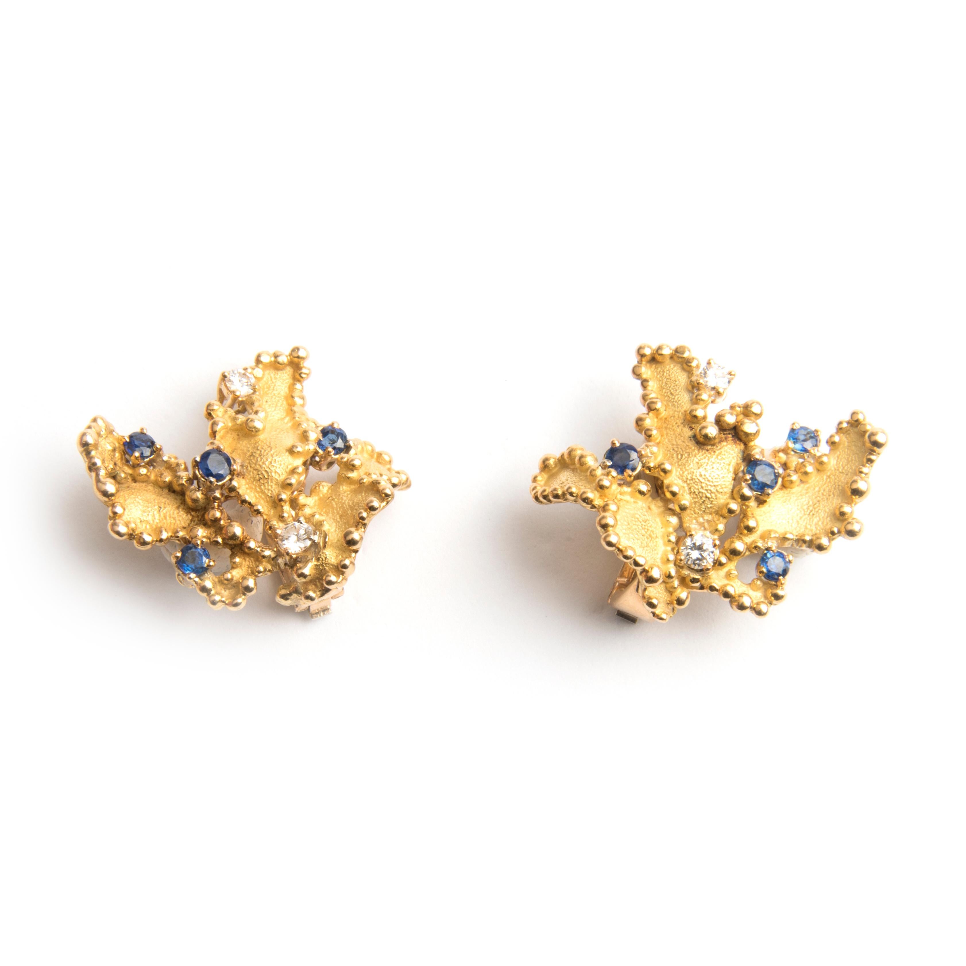 Boucheron 18k Yellow Gold Blue Sapphire and Diamond Leaf Earrings For Sale 2